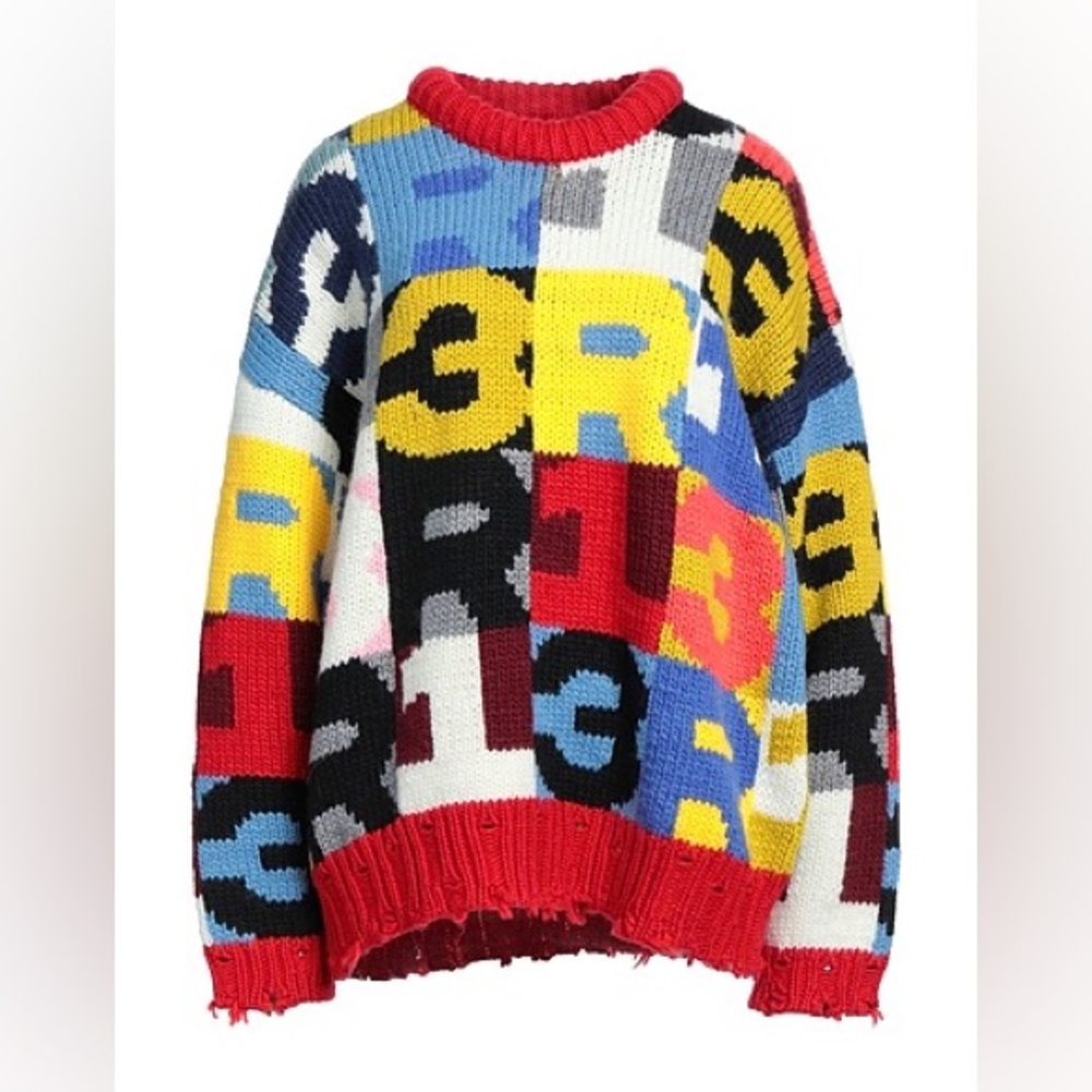 R13 Multicolor Intarsia Logo Distressed Chunky Knit Sweater XS